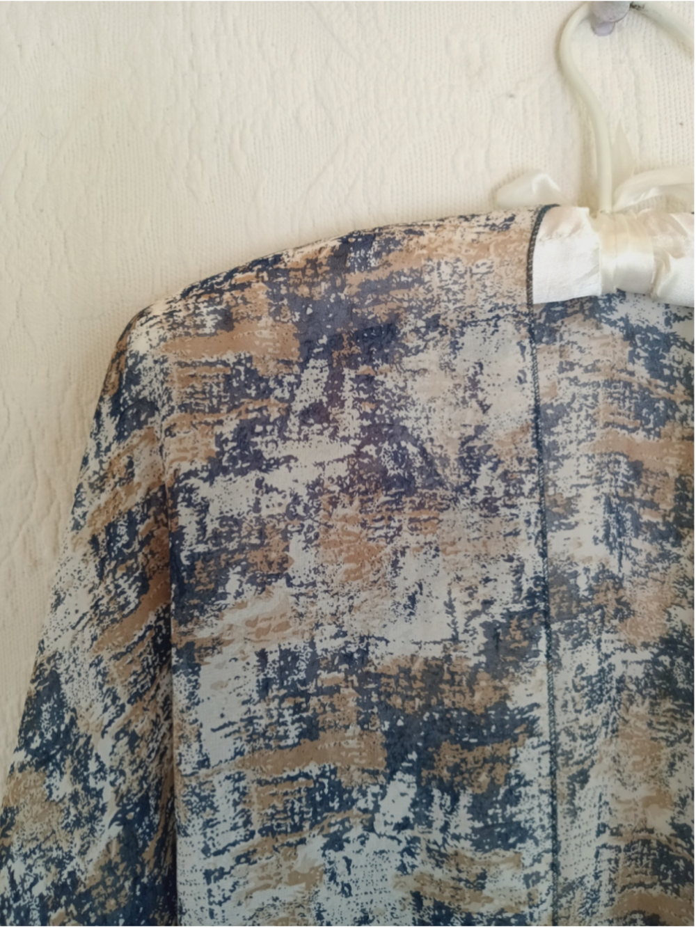 Sand n Sky Abstract Print Kimono sheer open front Blouse Beige Blue flowy draped - Picture 2 of 8